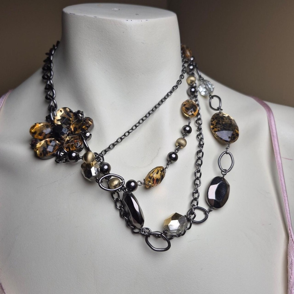 Leopard Print Multi Strand Statement Necklace Gunmetal Floral Bead Layered Boho